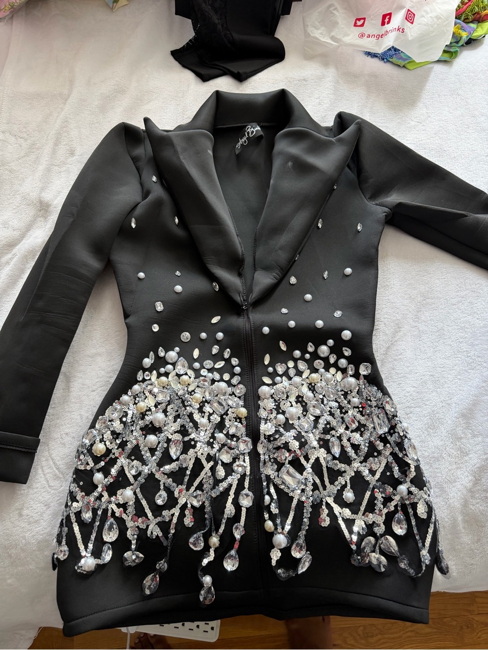 Black Long Sleeve Embellished Dress with Crystal Detail